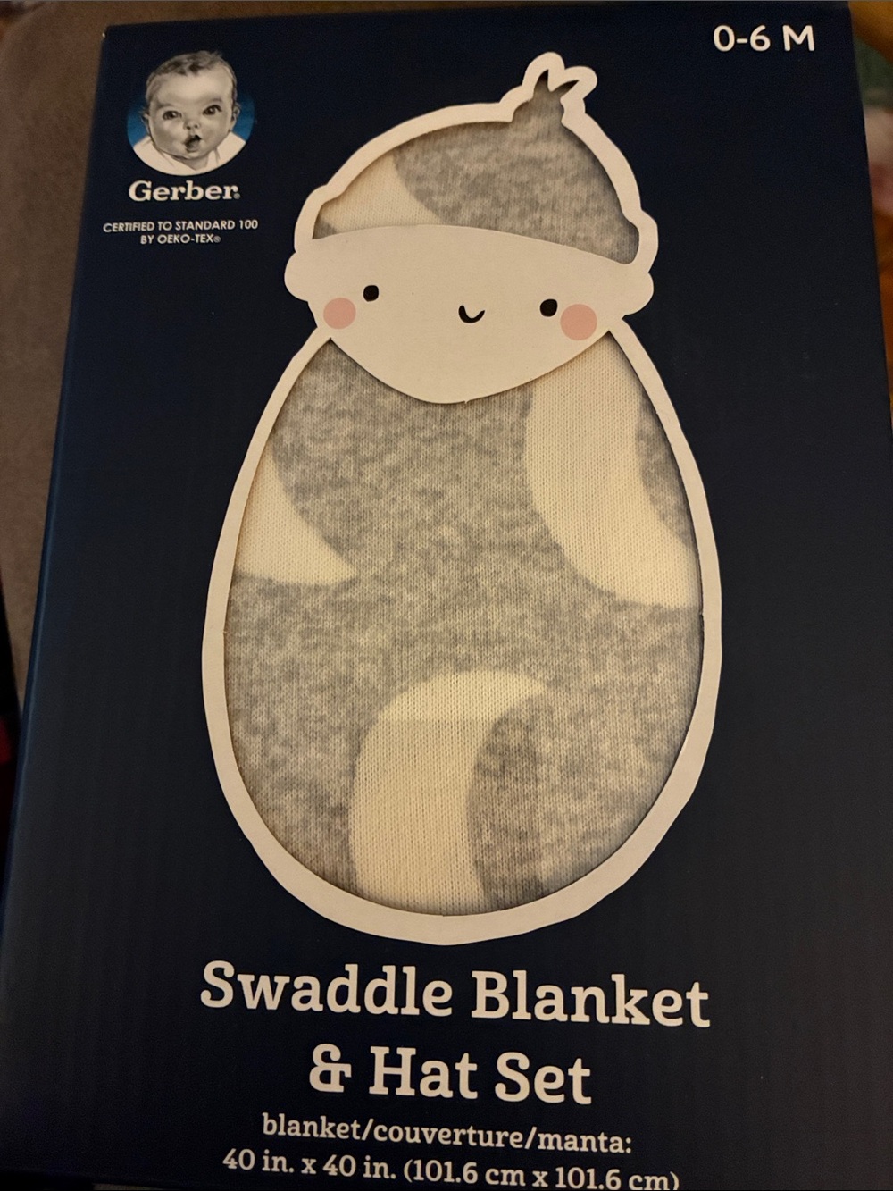 Gerber grey and white swaddle blanket and hat set